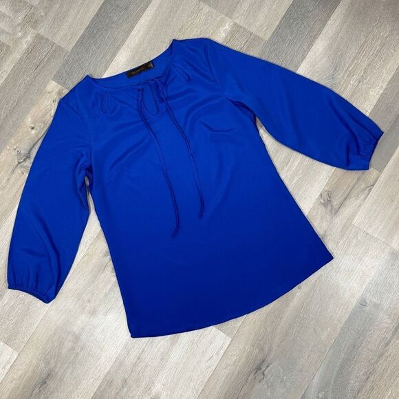 The Limited Cutouts Tie Neck Shimmer Crepe Blouse Blue XS - Picture 12 of 12